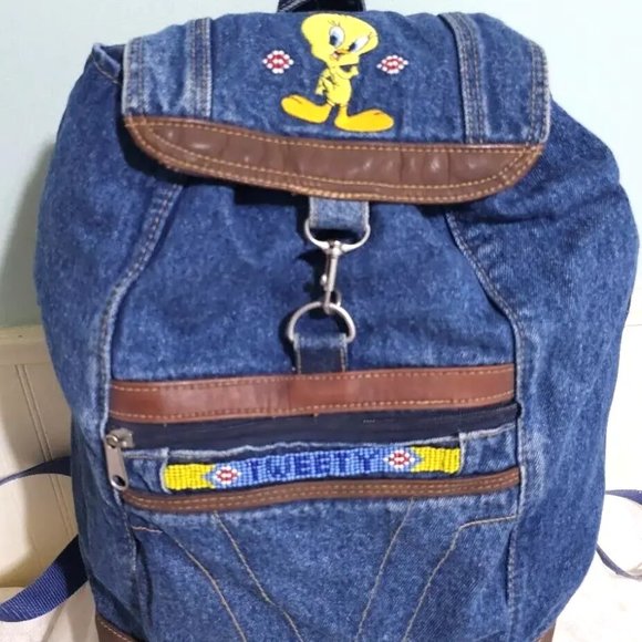 VINTAGE Y2K Jaclyn Looney Tunes Tweety Bird Beaded Denim Jean Big Backpack Bag - Picture 9 of 13
